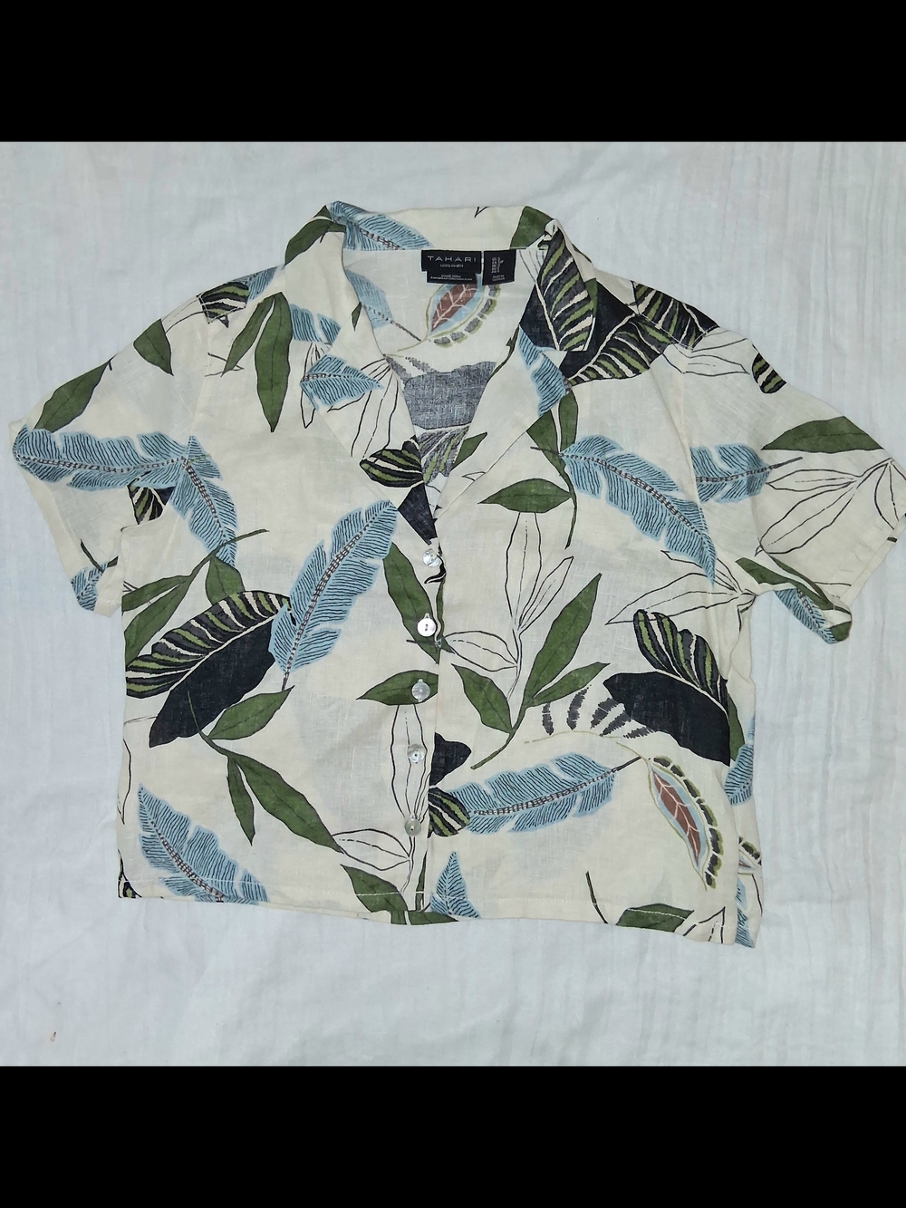 T Tahari Cream Tropical Crop Shirt with Blue & Green Leaf Print